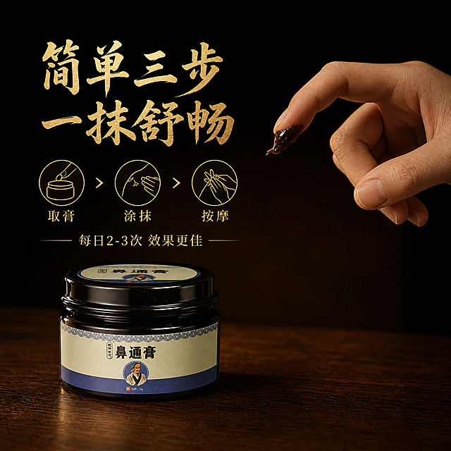 [主图-4] 使用方法展示，暗调中式古风风格，干净桌面只放药膏，配合手部动作展示用法。
[统一基调] 暗调中式古风，主色调深棕黑+暖金色+自然肤色，高对比暗调氛围；主标题书法毛笔字，副标题宋体；厚重温润中医药质感。
[画面] 画面采用对角线构图：左下角是带盖完整闭合的产品罐，放置在干净的深棕色木质桌面上，桌面没有任何其他物品，非常干净；右侧偏上位置是一只干净的成人手，手指上沾取少量深褐色膏体，呈涂抹示意动作（仅展示手部，不露出脸部）；背景为纯深黑色渐变；整体光线温暖柔和，集中在产品和手部。
[光影质感] 暗调场景摄影质感，暖光氛围，手部皮肤自然，膏体光泽真实，桌面干净简洁，整体氛围温馨古朴。
[配色] 深黑背景+暖金色文字+暖光肤色，暗调温暖，保持统一调性。
[文字版式] 左上方大书法字体"简单三步 一抹舒畅"，金色渐变；下方三个圆形步骤图标带文字横向排列："取膏""涂抹""按摩"；底部一行小字"每日2-3次 效果更佳"；文字放在画面负空间，不遮挡主体。
[输出要求] 1:1正方形比例，2048x2048，产品带盖完整，桌面干净无杂物，手部动作自然无畸形，膏体清晰，文字清晰可读，暗调氛围统一，无变形错字，无水印无平台Logo。
