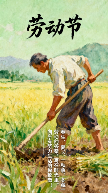 劳动节海报，国风淡彩油画风格，偏文艺质感，整体主色调为绿色或黄色，海报主体是劳动人民在田间辛勤耕作，海报上有手写书法字体"劳动节"字样，文案包含："春生、夏长、秋收、冬藏——劳动的答案，写在时光里。向预览效果
