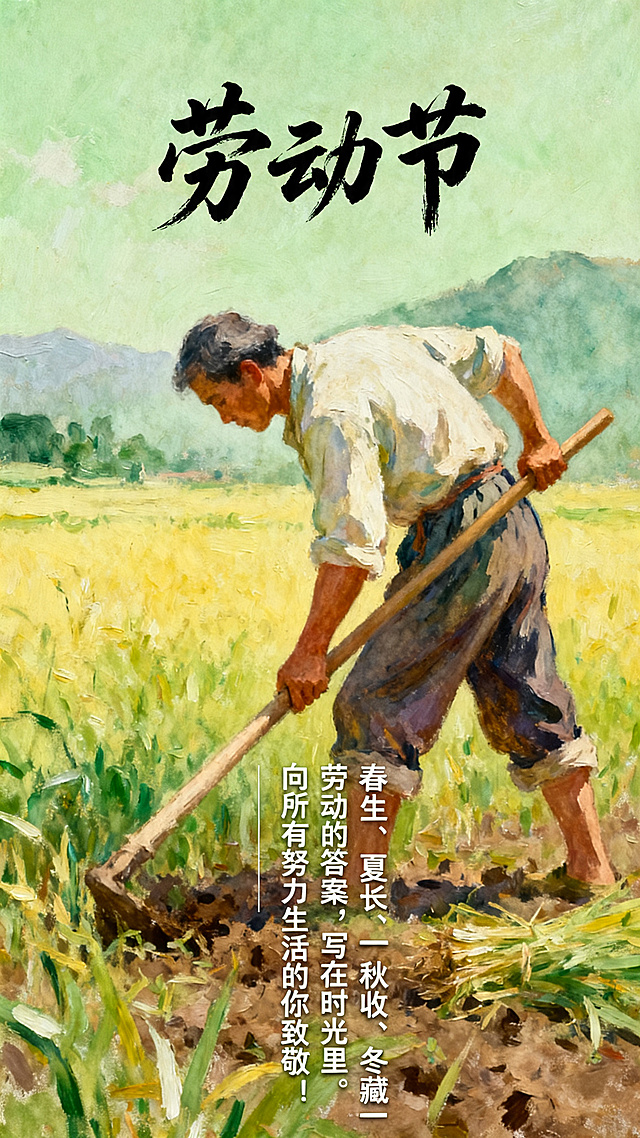 劳动节海报，国风淡彩油画风格，偏文艺质感，整体主色调为绿色或黄色，海报主体是劳动人民在田间辛勤耕作，海报上有手写书法字体"劳动节"字样，文案包含："春生、夏长、秋收、冬藏——劳动的答案，写在时光里。向所有努力生活的你致敬！"，排版文艺干净，有设计感