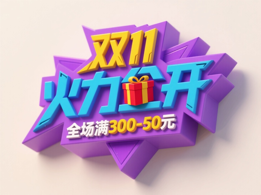 3D尖锐的字体设计，黄色“双11火力全开”+蓝色“全场满300-50元”，红色礼盒嵌入在文字里，双层字效结构。紫色背景预览效果