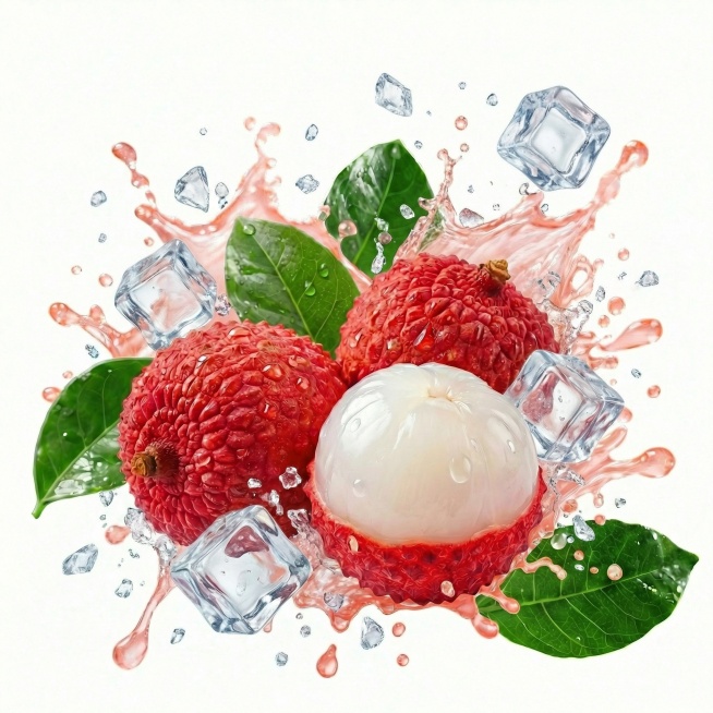 水果和果汁周围陪衬些冰块、飞溅的冰块，冰块数量参考图片2的冰块，冰块不要太多，水果和果汁颜色高清晰不变，纯白色背景悬空，图像完整高清晰大图预览效果