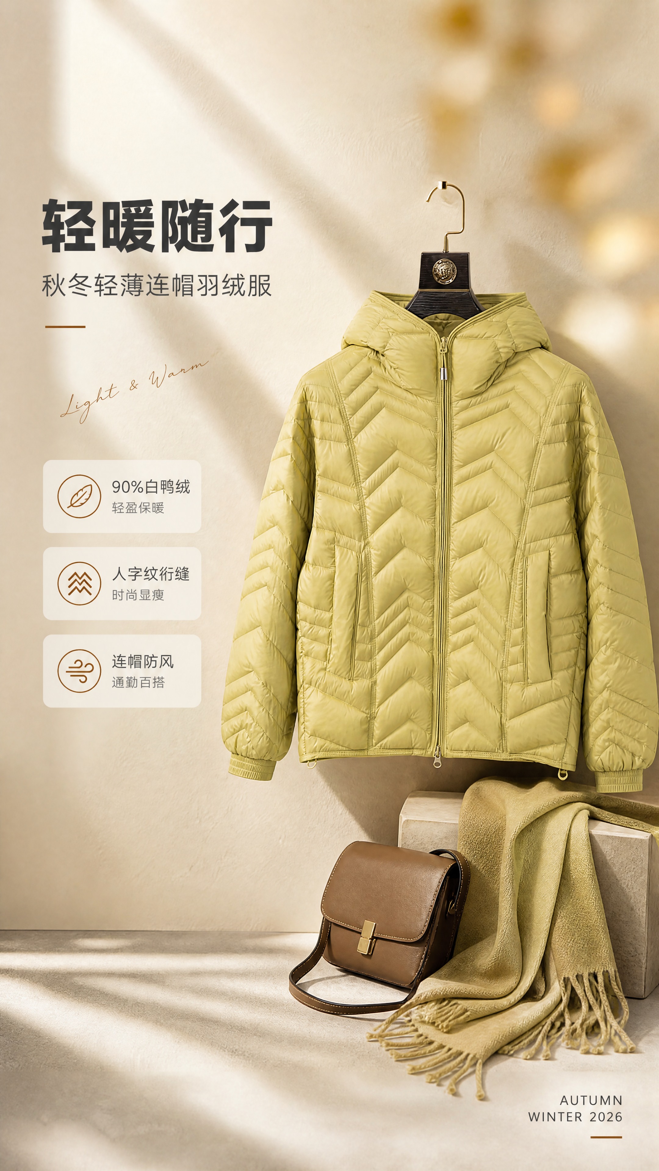 [商品] 使用【图1】芥末黄连帽轻薄羽绒服；商品处理：保留连帽… - 图片创意预览