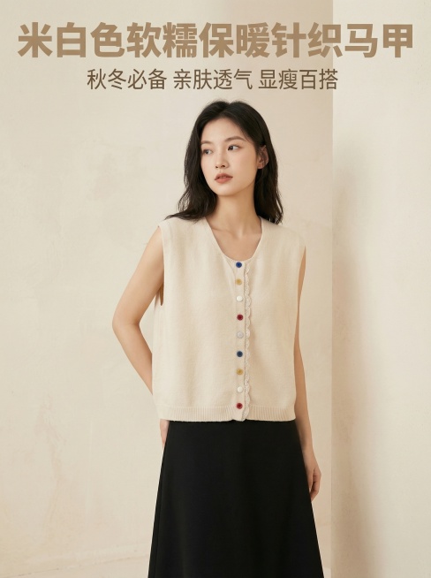 [主图1]米白色针织马甲背心，保持原有款式和彩色纽扣设计不变，一位年轻亚洲女性模特穿着展示，模特发型自然，下装搭配简约黑色半身裙，在简约浅米色肌理感室内背景棚拍，柔和时尚摄影光，高级松弛感风格，主体产预览效果