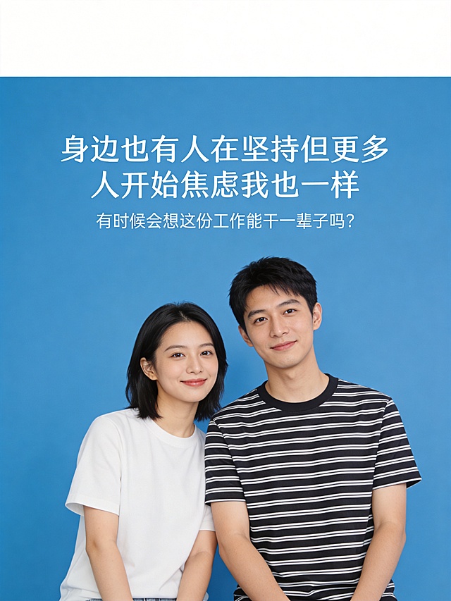 简约图文内页，蓝色纯色背景，主文字"身边也有人在坚持但更多人开始焦虑我也一样"，小字文字"有时候会想这份工作能干一辈子吗？"，文字清晰排版舒适，简约ins风