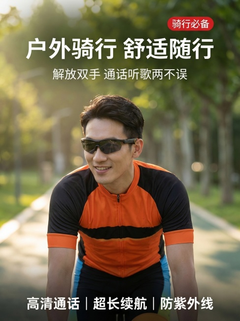 智能音频骑行眼镜拼多多详情页首图，活力运动风，户外骑行场景，亚洲男性模特身着橙黑拼接骑行服骑行佩戴产品，背景是夏日绿道树影，阳光柔和，产品居中突出。主标题大字：户外骑行 舒适随行，副标题：解放双手 通预览效果