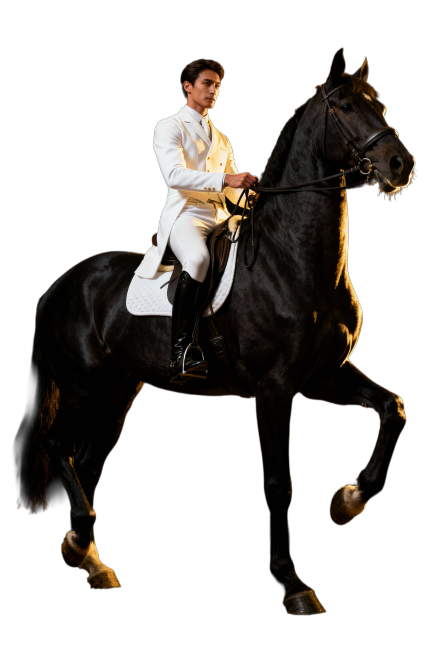 生成一份马术艺术照，只要人和马，背景是纯黑色预览效果