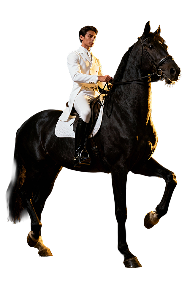 生成一份马术艺术照，只要人和马，背景是纯黑色