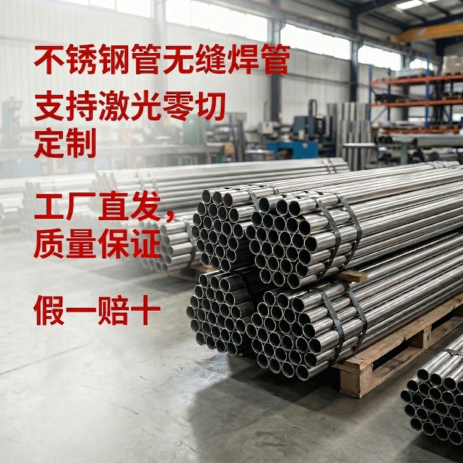 去掉图片文字中多余的“值”字，保留文字：不锈钢管无缝焊管、支持激光零切割定制、工厂直发，质量保证、假一赔十，保持文字为红色，其余内容和场景不变预览效果