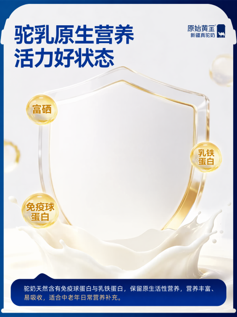 [单张主图] 中老年新疆驼奶粉电商主图，高级氛围感主图，参考原图风格保留所有文字和配色，去掉原图中间的驼奶粉产品罐，只保留整体背景和文案排版。[参考比对] 参考原图版式：顶部左对齐蓝色大字主标题，右上预览效果