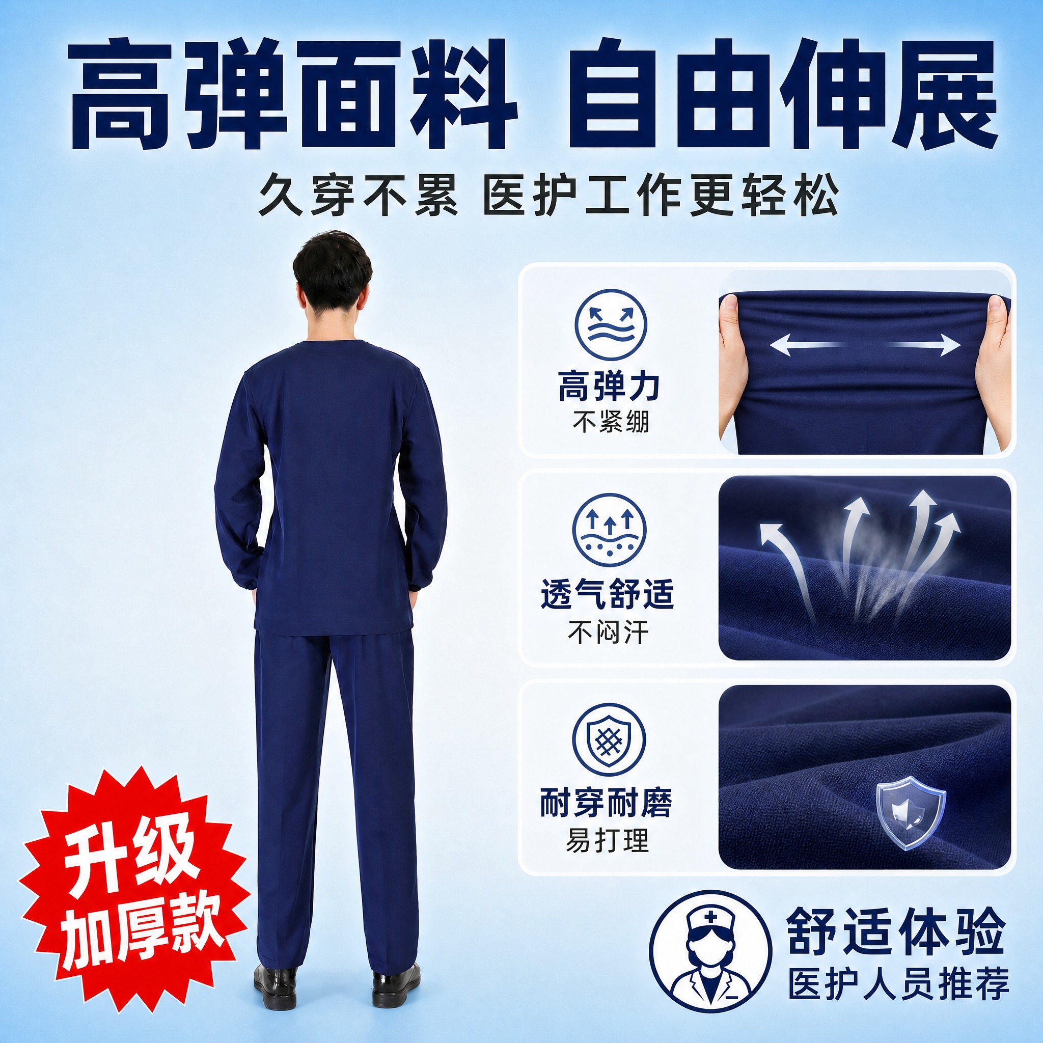 将这张图改为面料弹力与舒适展示主图 去掉所有尺码相关内容 包括… - 图片创意预览