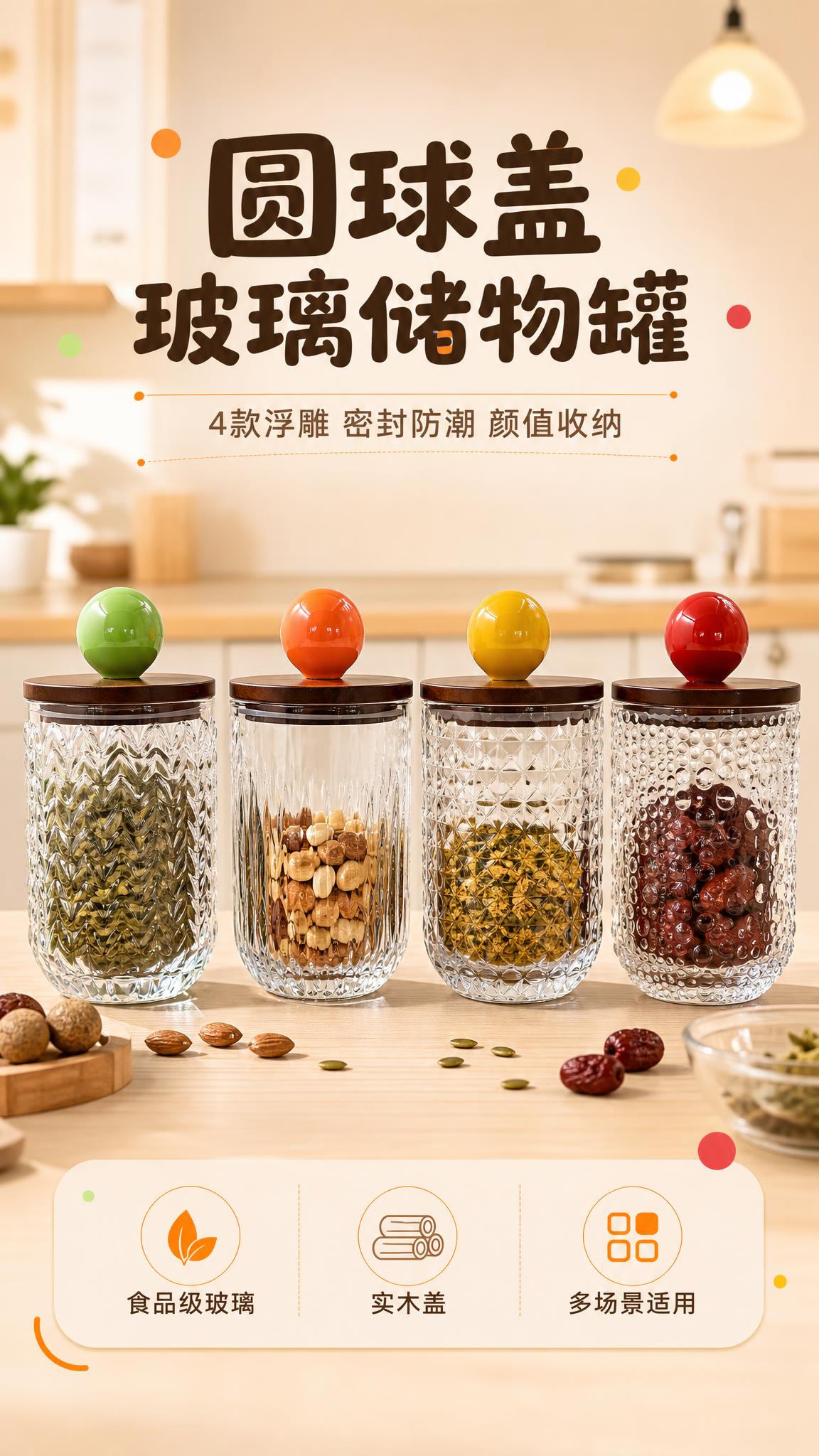 [商品] 使用【图1】4款彩色圆球盖玻璃储物罐全家福；保留4款… - 图片创意预览
