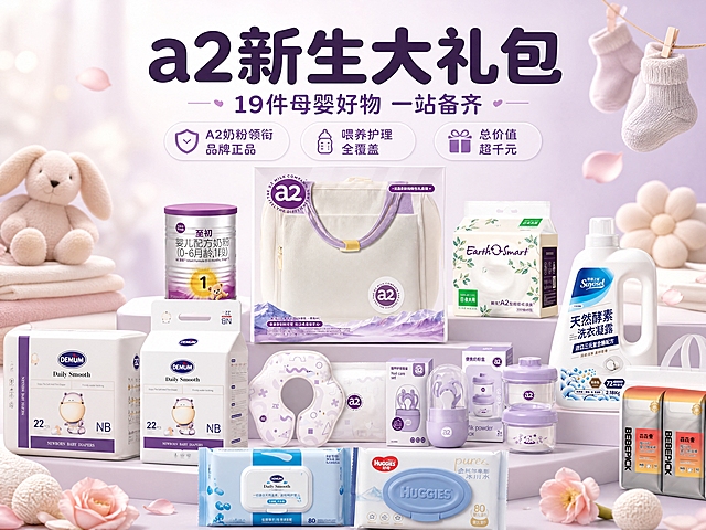 [商品] 使用【图3】a2母婴大礼包全家福（含a2至初奶粉、妈咪包、口水巾、指甲剪套盒、便携奶粉盒、乳霜纸），以及【图1】【图4】德敏舒NB纸尿裤、【图2】素樱之选洗衣凝露、【图5】芘芘爱纸尿裤、【图7】好奇湿巾；保留各商品原有包装、Logo、颜色、文字与结构，清晰呈现a2品牌紫色主视觉与各单品真实外观。
[画面] 目标为氛围头图，突出a2母婴新生大礼包超值19件的价值感。居中偏下位置摆放礼包核心单品全家福，产品占画面约65%，呈阶梯式陈列，a2奶粉与妈咪包为视觉中心，周围环绕纸尿裤、湿巾、洗衣凝露等单品；上方留白放主标题与副标题，左右点缀柔和母婴道具（婴儿袜、毛绒玩具、花瓣）；前中后景层次分明，前景柔和光斑，中景产品主体，背景渐变柔化。
[视觉] 套系策略：风格=温馨柔和母婴商业摄影风；标题字=圆润粗黑体；正文字=简洁圆角无衬线体；主色=a2品牌紫+奶白色；背景延展=浅紫到奶白的柔和渐变，搭配细腻哑光质感；强调色=浅粉紫，仅用于小面积图标、引线和标签；标题色=深紫灰；正文色=中暖灰；组件=圆角浅紫信息卡、细曲线引线、软萌圆点装饰；光影=左前侧暖柔光，柔和阴影，整体通透干净。
[文字] 上方居中主标题「a2新生大礼包」，副标题「19件母婴好物 一站备齐」，下方配3个短卖点：「A2奶粉领衔 品牌正品」「喂养护理全覆盖」「总价值超千元」；文字区不遮挡产品主体，层级清晰，手机端可读。
[规格] 图片比例4:3横版，4K分辨率，负向提示：避免变形、错字、文字过小、商品颜色改变、包装文字错乱、极限词、冷蓝灰背景、杂乱背景。