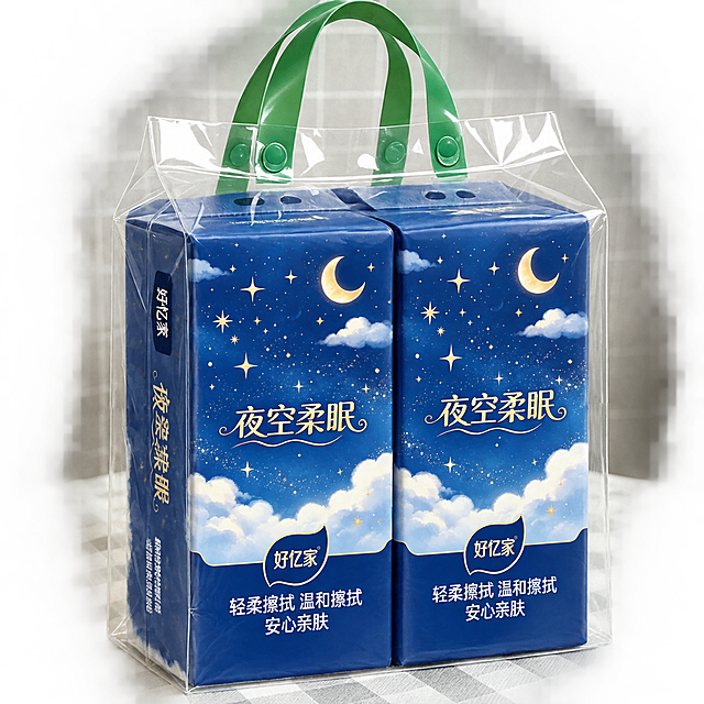 将透明手提袋中两盒悬挂式卫生纸的外包装图案替换为参考图中的深蓝色夜空星月主题包装：深蓝色渐变背景，金色弯月和星星，白色云朵，中间有金色'夜空柔眠'艺术字，底部有'好忆家'品牌标志和'轻柔擦拭 温和擦拭 安心亲肤'白色文字。保持原图片的透明手提袋、绿色提手、格子桌布背景和整体构图不变，包装形态和透视角度与原图一致，透明袋反光效果自然，光影真实，产品质感细腻