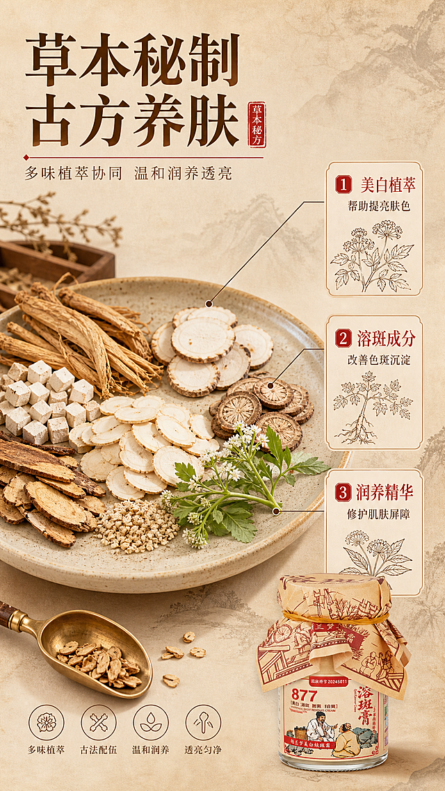 [商品] 本页为成分机理专页，以草本原料大图和机理示意为主，产品小图点缀右下角；产品外观与【图1】一致，保留全部包装文字和图案。
[画面] 第3张·成分功效页，目标：展示草本秘制配方的原料与美白溶斑逻辑。画面主体（占60%以上）为放大的草本原料组合特写：如当归、白芷、茯苓等传统美白草本药材的切片/干粉/新鲜植株，错落摆放在浅米色粗陶盘中，旁边放铜制小药勺，参考【图2】的复古药草场景质感。背景为暖米杏宣纸纹理，带淡淡水墨晕染。右下角放一小罐产品作为呼应，占画面约15%。
[视觉] 套系策略：风格=东方草本复古国风商业摄影；标题字=宋体衬线粗体（带传统书法气质）；正文字=简洁宋体/楷体；主色=暖米杏（牛皮纸色）；背景延展=基于暖米杏做深浅层级、宣纸纹理、水墨晕染；强调色=朱砂红（仅用于小面积标签、引线、重点词高亮）；标题色=深棕褐；正文色=暖棕灰；组件=圆角米白底信息卡、细棕线引线、朱砂红印章式标签；光影=左前侧暖柔光，温润通透，草本原料质感真实。
[文字] 左上主标题："草本秘制 古方养肤"（8字，深棕褐大字号），副标题："多味植萃协同 温和润养透亮"（12字，暖棕灰中号）。中部3条编号成分利益：1."美白植萃"帮助提亮肤色；2."溶斑成分"改善色斑沉淀；3."润养精华"修护肌肤屏障。每条配简约线描草本图标。成分文字与原料实物通过细棕线引线关联。
[规格] 单屏比例9:16竖版，分辨率2K，负向提示：避免变形、错字、文字过小、西药/化学分子感过强、冷蓝背景、医疗化表述、绝对化用语。