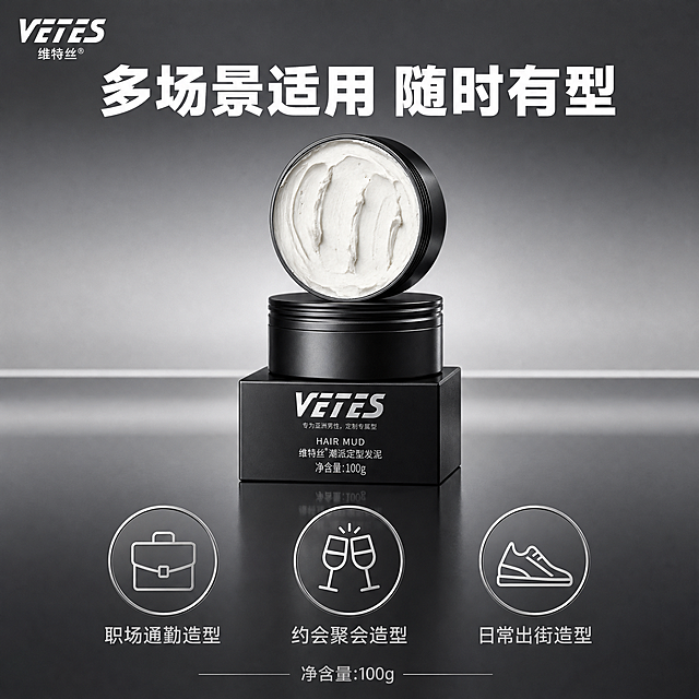 [主图-5] 产品信息 规格与使用场景
[统一基调] 高级商务潮男风，银灰黑主色调，冷调金属质感，主标题白色粗体非衬线字体，辅助文字浅灰色，强调色为银白高光，整体干净利落有品质感
[画面] 画面中央展示发泥产品罐正面，清晰展示品牌标识和产品名称。下方用三个圆形图标横向排列展示适用场景：1. 职场通勤造型；2. 约会聚会造型；3. 日常出街造型。每个图标配简约线性图案和文字说明。背景为中灰色渐变，底部有柔和的反光台面。
[光影质感] 商业产品摄影质感，正面柔光，产品正面信息清晰可读，罐身有细腻质感，底部有柔和倒影，整体干净专业
[配色] 中灰背景+黑色产品+白色文字+银灰色图标，保持统一冷调高级感
[文字版式] 顶部大标题"多场景适用 随时有型"，白色粗体。下方三个圆形图标横向等距排列，每个图标下方有场景名称小字。产品位于画面中央偏上位置。底部标注"净含量:100g"。左上角有VETES品牌Logo
[输出要求] 1:1正方形，2048px，产品信息清晰，文字清晰可读，禁止变形、错字、模糊、杂乱、水印、平台Logo