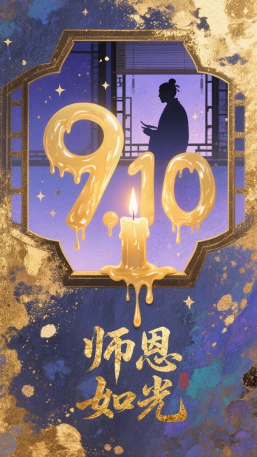 透过窗户往里面看，画面核心部分是由蜡烛蜡油构成的数字 “9.10”。蜡烛蜡油呈现出一种自然的流动质感，就像是正在融化滴落的瞬间被定格。数字边缘有细腻的纹理与光泽。烛火明亮且有柔和的光晕，背景为深邃的蓝预览效果