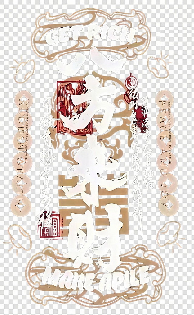 参考原图风格生成带有八方来财汉字的PNG透明底图案，保留金色线条装饰、红色纹样细节和英文GET RICH MAKE A PILE，保持国潮剪纸风格，输出透明背景图片
