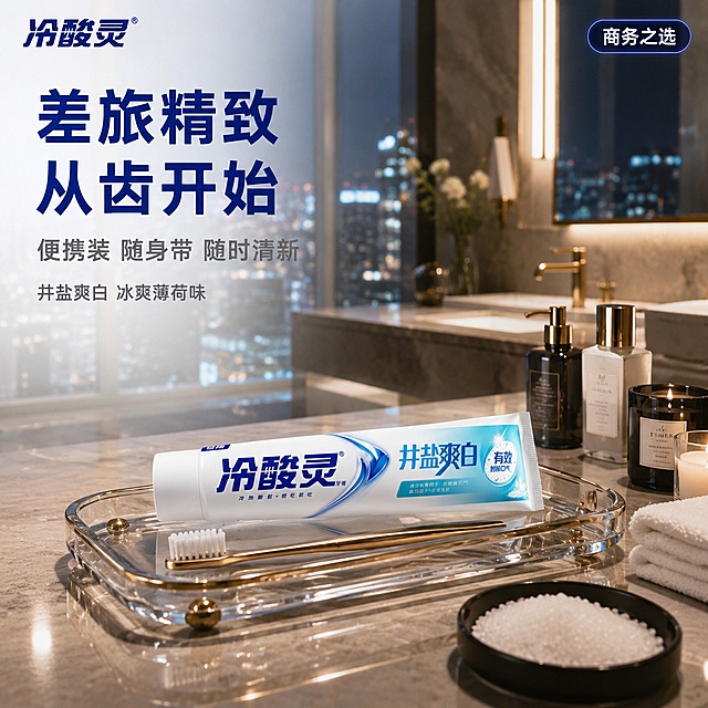 [主图-5] 冷酸灵井盐爽白牙膏 出差商务精英 高端酒店场景
[氛围风格] 商务精英 高端酒店 精致干练 蓝灰高级调
[画质] 商业高端摄影 光线精致高级 产品清晰真实 质感奢华
[元素] 画面为高端酒店浴室场景 大理石洗手台上 冷酸灵井盐爽白牙膏（旅行便携装）和一支金属手柄牙刷放在精致的玻璃托盘上 旁边有高端酒店的洗护用品 浴盐 香薰蜡烛 一条折叠整齐的白色毛巾 保持牙膏外观与输入产品图绝对一致 杜绝变形色差。背景是模糊的豪华酒店浴室 有金色五金 大理石墙面 柔和的镜前灯。窗外是城市夜景。整体营造商务精英出差 精致生活的高端场景。
[光影] 镜前灯暖光+环境冷光 冷暖对比 产品和大理石有精致高光 玻璃托盘有通透反光 整体高级奢华 光影层次丰富
[配色] 主色大理石灰 金色 白色 辅色产品蓝白 夜景蓝
[视角构图] 45度斜侧俯视 高端酒店洗手台场景 产品在中央托盘上 满屏无边框 景深较浅
[文字版式] 左上负空间左对齐 主标题大字"差旅精致 从齿开始" 深蓝色粗体无衬线最大号。下方辅助文案"便携装 随身带 随时清新" 灰色中号。再下方小字"井盐爽白 冰爽薄荷味"。左上角冷酸灵品牌Logo。右上角小标签"商务之选"。文字清晰可读 放在左侧空白处 不遮挡产品主体。
[输出要求] 1:1比例 文字清晰可辨 超高清高端商业摄影质感
[负向提示词] 变形 文字错乱 产品模糊 背景杂乱 水印 电商平台Logo