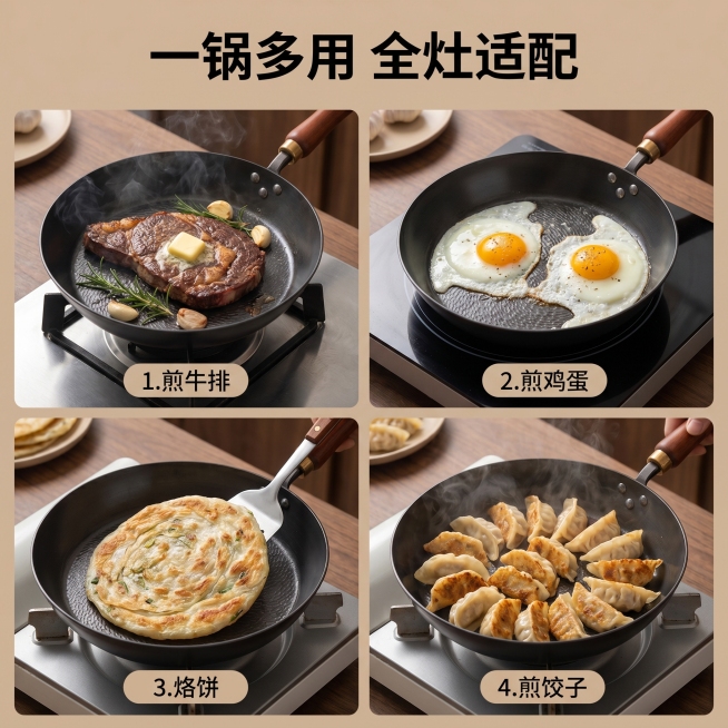 [主图 4] 四宫格多场景使用展示冷锻氮化锤纹平底煎锅。
[氛围风格] 真实生活场景，自然温馨新中式风格；
[画质] 商业摄影质感、每个场景光线自然、产品清晰真实、画面干净高级。
[元素] 整体四宫格预览效果