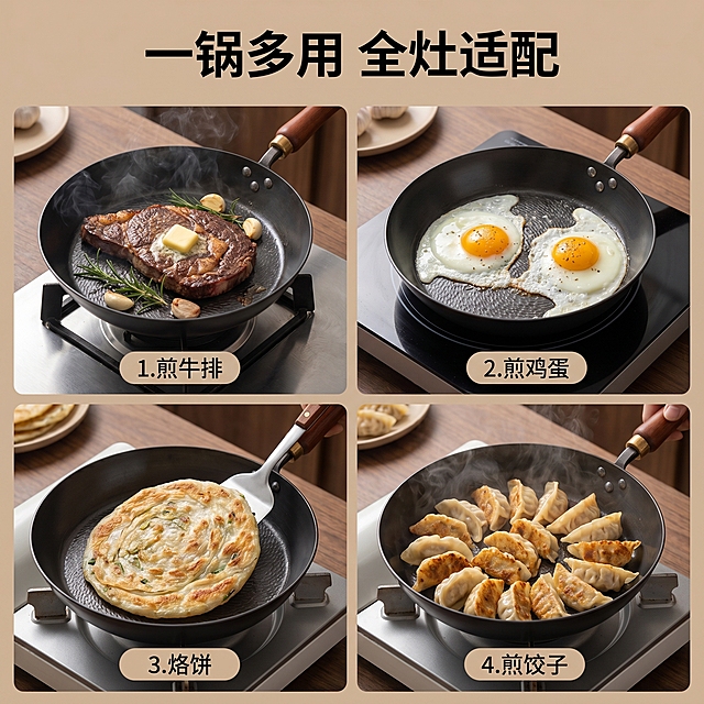 [主图 4] 四宫格多场景使用展示冷锻氮化锤纹平底煎锅。
[氛围风格] 真实生活场景，自然温馨新中式风格；
[画质] 商业摄影质感、每个场景光线自然、产品清晰真实、画面干净高级。
[元素] 整体四宫格布局展示煎锅四种使用场景，每个场景内都保持煎锅外观（物理结构、材质质感、颜色）与输入产品图绝对一致，杜绝任何变形和色差，精细化处理。四个场景分别是：1.煎牛排 2.煎鸡蛋 3.烙饼 4.煎饺子，场景都是新中式厨房环境，布局均匀不拥挤。整体画面满屏无边框。
[光影] 每个场景都使用自然厨房光线，明亮干净，光影统一自然。
[配色] 保持整体新中式暖棕灰色调，四个场景色调统一和谐。
[文字版式] 顶部通栏主标题 "一锅多用 全灶适配"，大号粗体字，四个小场景下方分别标注对应场景名称，小字号清晰不突兀。
[比例分辨率] 1:1 比例，2k 分辨率；文字清晰锐利，画面超高清。
[负向提示词] 变形，水印，文字错乱，产品图模糊，背景杂乱，遮挡主体，色调不统一。