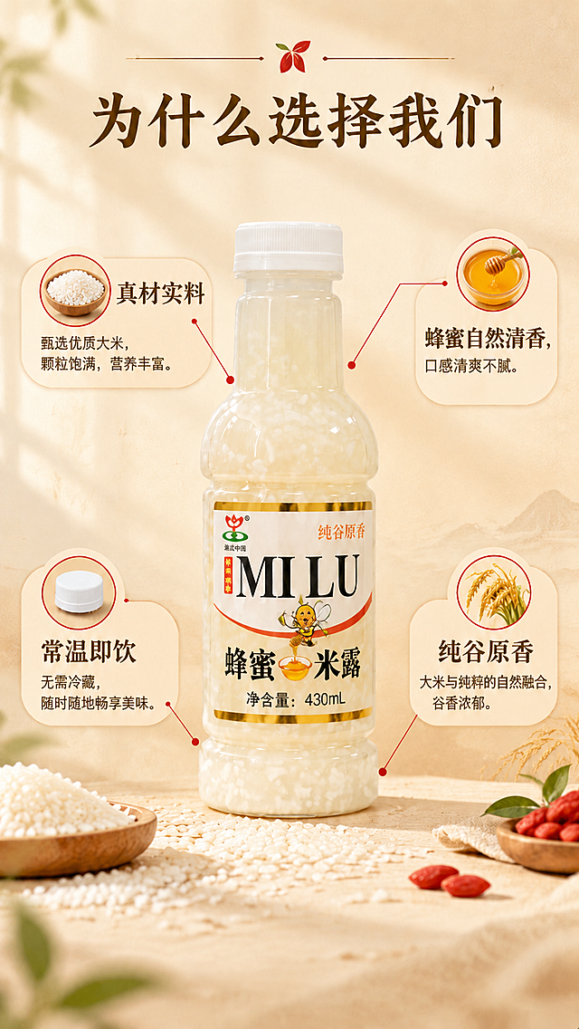 将图中央的枸杞米露瓶子替换为蜂蜜米露瓶子（金色边框标签、蜜蜂卡通图案、"蜂蜜米露"字样），保留原图的背景、四周引线图标、底部糯米碗和枸杞碗等全部元素和光影氛围不变；瓶子位置、大小、角度与原图一致，瓶身标签完整保留蜂蜜米露的全部文字与图案，与场景光影自然融合。同时将四个卖点中与枸杞相关的描述调整为蜂蜜相关：右上"清甜不腻"的说明改为"蜂蜜自然清香，口感清爽不腻"，其他三个卖点"真材实料""常温即饮""纯谷原香"保留，大标题"为什么选择我们"保留，整体排版位置不变。