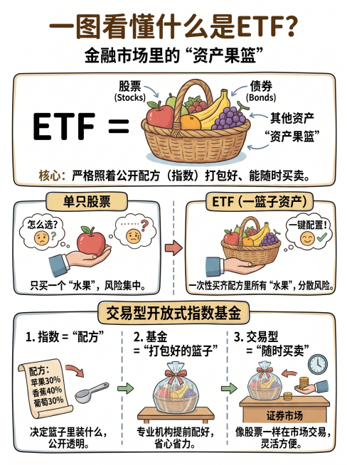 生成ETF科普信息图，和参考图一样的漫画手绘风格，大标题"一图看懂什么是ETF?"副标题"金融市场里的'资产果篮'",内容包含ETF等于装有股票债券其他资产的果篮，对比单只股票和ETF的风险区别，拆解预览效果