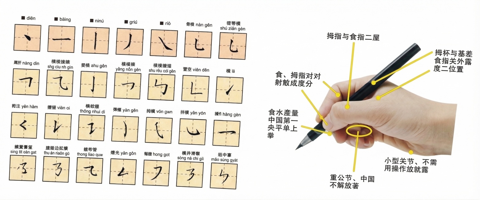 将图片背景修改为纯白色，保持所有书法笔画、握笔图示和文字内容不变，画质清晰预览效果