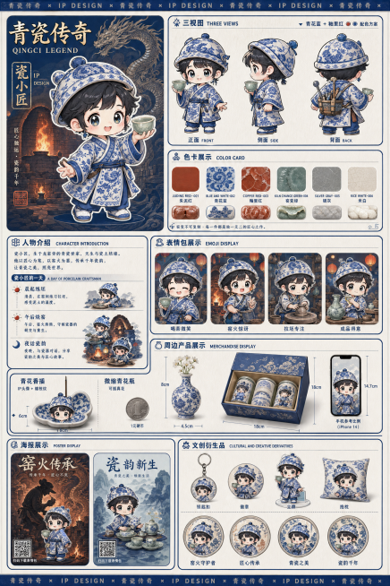 核心定位：以“青瓷传奇”为IP内核，打造兼具传统瓷韵与现代潮玩属性的3A展板，融合朱泥质感、青花纹样、釉色美学三大元素。布局逻辑：人物主体区（左上1/3）：放置IP主形象“瓷小匠”，身着青花缠枝纹汉服预览效果