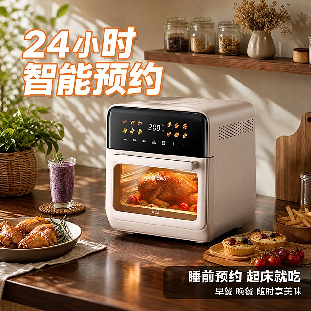 [主图-4] 主题：真实厨房使用场景，展示24小时预约功能与日常烹饪体验。
[统一基调] 抖音风格，场景化强视觉冲击，暖色调厨房场景，主标题白色粗体大字带橙色描边，辅助字白色，强调色橙色，字体为现代无衬线粗体，圆角卡片样式，整体高清实拍商业摄影质感。
[画面] 产品放置在现代简约厨房的深棕色台面上，3/4侧面视角，占比约50%。可视化窗口内烤着整鸡，暖光透出。台面上左侧有一杯紫色饮品和一盘烤鸡翅，右侧有小甜点、薯条、小番茄和迷迭香装饰。背景是米白色墙面，墙上有置物架放着调料罐和干花装饰，左侧有植物光影投射在墙上，营造阳光午后的温馨氛围。画面有生活气息，像真实家庭厨房场景。
[光影质感] 自然光从左侧窗户照入，形成柔和植物阴影，产品受光均匀，玻璃有反光，台面有产品倒影，整体温暖治愈，电影感光影。
[配色] 整体暖棕色调，木色台面+米白墙面，产品米白+黑色，食物金黄诱人，氛围温馨有食欲。
[文字版式] 左上角小字"24小时智能预约"；右下角半透明深色条上写"睡前预约 起床就吃"，副标题"早餐 晚餐 随时享美味"；文字少而精，不破坏场景沉浸感。
[输出要求] 比例1:1，文字清晰可读，产品清晰不变形，场景真实自然，无错字，无水印，无平台Logo。