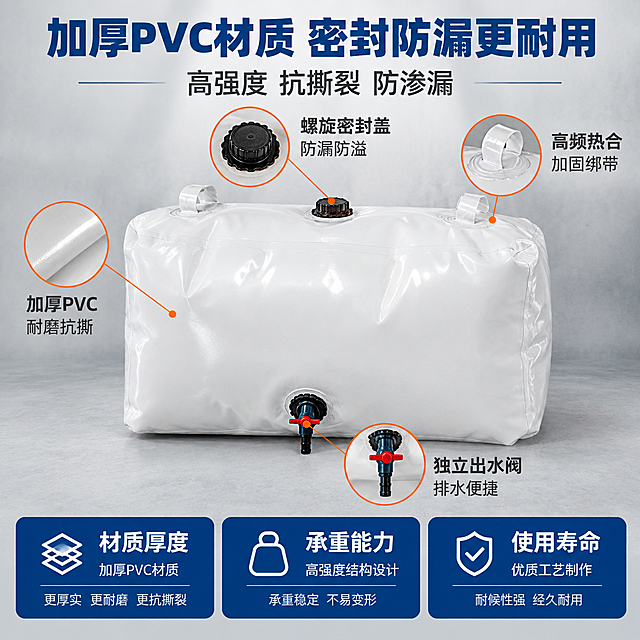 [主图-2] 核心亮点图，主题为加厚PVC材质与密封防漏结构展示，讲透产品核心性能卖点。
[统一基调] 国内电商五金器械风格，浅灰工业背景，主标题深蓝色粗黑体，辅助文字深灰色，强调色橙色，整体满版高信息密度构图，专业稳重品质感。
[画面] 画面中心放置白色方形配重水袋侧面视角，展示饱满注水状态，产品占画面约60%，外观结构与用户原图完全一致。水袋周围用引线标注方式指向4个关键结构部位：顶部黑色密封注水盖（标注：螺旋密封盖 防漏防溢）、侧面加厚PVC面料（标注：加厚PVC 耐磨抗撕）、底部出水阀门（标注：独立出水阀 排水便捷）、四角加固绑带环（标注：高频热合 加固绑带）。上方大主标题，下方排列3个性能参数块。背景为浅灰色渐变工业风。
[光影质感] 商业摄影质感，主光柔和均匀，水袋PVC材质有真实的光泽和褶皱感，结构边缘清晰，底部有自然阴影，整体光线充足，突出材质厚度和结构细节。
[配色] 背景浅灰色渐变，主标题深蓝色，引线和标注文字深灰色，重点强调部位用橙色圆圈标注，参数块用蓝底白字。
[文字版式] 顶部主标题"加厚PVC材质 密封防漏更耐用"大号粗黑体；副标题"高强度 抗撕裂 防渗漏"中号；4条引线标注文字清晰指向对应部位；下方3个参数块横排：材质厚度、承重能力、使用寿命（用通用专业表述不编造具体数值）。文字全部横排，层级分明。
[输出要求] 1:1正方形，文字清晰可读，产品清晰不变形，无错字，无水印，无平台Logo，无杂乱元素。