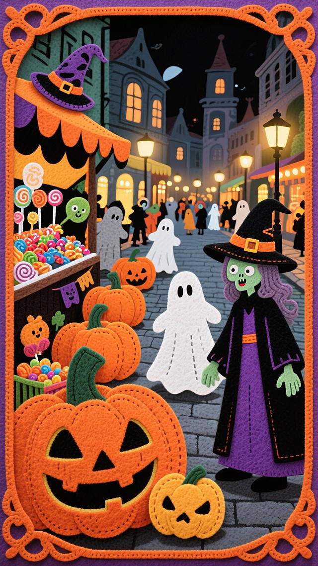 万圣节的夜晚欧洲古镇街道，街道繁华，街上有摆摊卖糖果的，灯火辉煌，微镜头，许多巨大的南瓜灯在路中间，南瓜灯头上带着奇怪的巫师帽，许多卡通鬼怪（幽灵
僵尸、女巫）穿行在街道上。橙黑色调，橙色哥特雕花边框