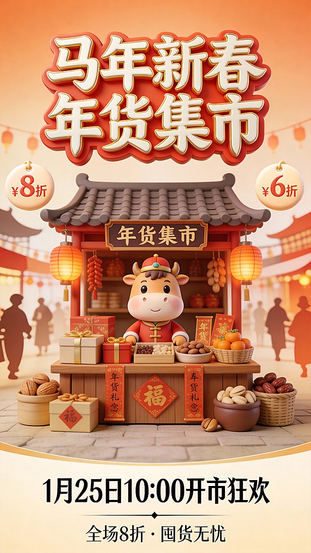 软3D粘土风卡通牛掌柜，拟人化年货集市，喜庆红金配色，春节氛围浓厚，传递可爱与节日欢乐。