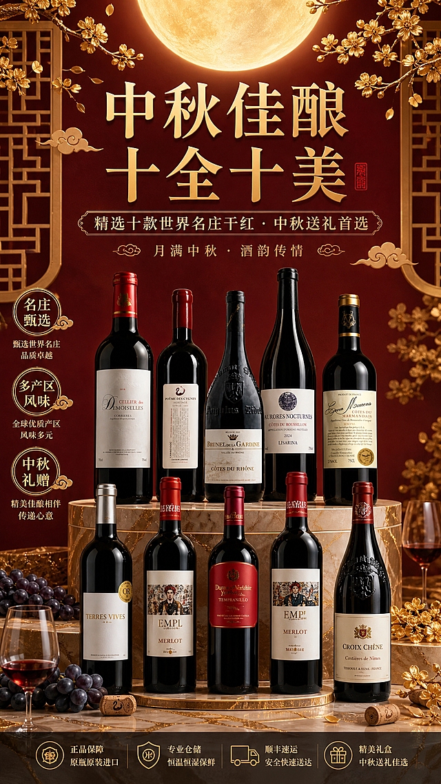 中秋红酒礼赠海报，高端典雅商业摄影风格。画面顶部中央主标题大字「中秋佳酿 十全十美」，副标题「精选十款世界名庄干红 · 中秋送礼首选」，装饰小字「月满中秋 · 酒韵传情」。画面中下部呈阶梯式弧形陈列10瓶干红葡萄酒，每瓶酒100%还原上传商品图的瓶型、瓶盖、标签版式、品牌logo、印刷文字、颜色与正面朝向，从左到右依次为：【图1】戴妃庄园干红、【图2】天鹅庄园干红、【图3】布鲁内尔罗纳河谷干红、【图4】华曦干红、【图5】鑫玛伦干红、【图6】珑赞酒庄干红、【图7】郡悦干红、【图8】金地美乐干红、【图9】好时光美乐干红、【图10】金橡树干红，酒瓶大小错落有致，形成丰富的产品矩阵。背景为深邃酒红色渐变，上方悬挂一轮金色满月，月光柔和洒下，周围点缀金色桂花枝、祥云纹样与中式窗棂元素。画面底部有精致的金色大理石台面承托酒瓶，台面散落少量葡萄、橡木塞、酒杯等装饰。左右两侧分布三个金色卖点标签：「名庄甄选」「多产区风味」「中秋礼赠」。整体红金配色，高端奢华，微醺节日氛围，光影柔和有层次，质感细腻，版式精美，文字清晰可读，商品主体完整不被遮挡。画面中所有信息区域必须填充完整合理的内容，不得出现空白框或占位区域。