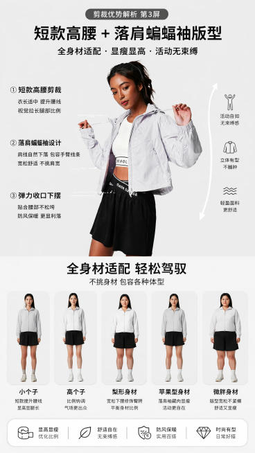 [第3屏] 剪裁优势解析，本屏用图3浅灰色外套。展示短款高腰+落肩蝙蝠袖版型，讲解全身材适配卖点，上下排版，浅色背景，文字清晰不遮挡，9:16，4K。预览效果