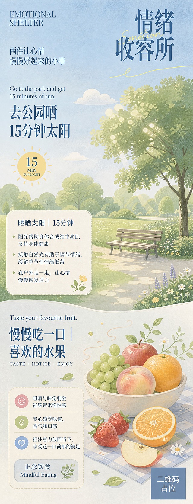 微信公众号竖版长图科普海报，治愈系现代扁平插画风格，安静温柔干净松弛，情绪疗愈感。严格参考参考图的色彩体系、插画造型、扁平程度、纸张肌理、颗粒质感、留白比例和整体氛围，与参考图保持同系列视觉语言。低饱和度柔和清新自然色系，现代简约扁平插画，几何化概括化自然物体，造型圆润柔和，细腻柔和的纸张纹理轻微颗粒感哑光质感，柔和朦胧均匀自然光，无强烈阴影无戏剧化高光，留白充足视觉呼吸感强，宁静放松温暖被包裹的感觉，低刺激慢节奏轻疗愈自然松弛。不出现人物、手、脸等任何人体元素，以自然环境食物物件表达。

画面分为上下两个独立但风格统一的内容模块，中间用柔和的视觉分隔自然连接，整体像一本温柔的情绪疗愈生活手册。顶部保留较大呼吸空间。

顶部标题区：左上角小字"EMOTIONAL SHELTER"，主标题"情绪收容所"，副标题"两件让心情慢慢好起来的小事"，字体风格与参考图一致，深蓝色字，留白充足。

【上模块 · 去公园晒15分钟太阳】
英文小标题："Go to the park and get 15 minutes of sun."
主视觉插画：一个安静的小型公园场景，一轮柔和温暖的太阳，绿色草地、圆润的树木、小花、灌木，简单的公园长椅，阳光从树叶之间洒落，轻柔的光斑和树影，几朵蓬松的云，用自然元素表现阳光带来的温暖和舒展感。不出现人物。
视觉符号："15 MIN SUNLIGHT"
正文信息以简洁信息卡片或环绕小字呈现：
"晒晒太阳｜15分钟"
- 阳光帮助身体合成维生素D，支持身体健康
- 接触自然光有助于调节情绪，缓解季节性情绪低落
- 在户外走一走，让心情慢慢恢复活力
文字与太阳、树木、草地等插画元素自然融合，不占大面积。

【下模块 · 品尝你喜欢的水果】
英文小标题："Taste your favourite fruit."
主视觉插画：一组安静温柔的水果静物，新鲜水果如草莓、橙子、苹果、葡萄、桃子等，一个简单的陶瓷盘或小碗，一两片水果切面，旁边搭配柔和的小叶子、小花或桌布纹理，圆润简洁的扁平造型。用小型味觉符号、柔和的圆点、波纹或香气线条表现味道被感受到的感觉。
标题："慢慢吃一口｜喜欢的水果"
"TASTE · NOTICE · ENJOY"
正文信息：
- 咀嚼与味觉刺激能够带来愉悦感
- 专心感受味道、香气和口感
- 把注意力放回当下，享受这一口简单的满足
小型视觉关键词："正念饮食" "Mindful Eating"

版式：每个模块遵循主题标题→主视觉插画→简短知识点→小型关键词。文字层级清晰，标题较醒目，正文简洁，英文作为辅助信息。插画承担主要信息表达，文字补充解释。整体更像温柔的情绪疗愈生活手册，不要过于商业化，不要传统医学科普海报风格。

画面中所有信息区域必须填充完整合理的内容，不得出现空白框、空白占位、横线待填写区域、空列表项、空单元格。
画面中所有二维码区域使用纯色方块占位符呈现，方块中央标注"二维码占位"文字，严禁生成任何可识别的二维码图案。
画面中所有数字必须精确渲染，不得错位、遗漏或编造。
