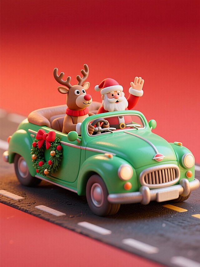 一辆绿色复古敞篷轿车（车上坐着开着车拟人的带着红蝴蝶结的驯鹿和挥手的圣诞老人），有圣诞花环装饰。马路地面。纯红色渐变背景。
