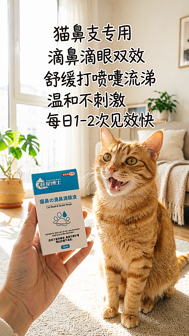 参考第二张图片的小红书封面风格，将第一张图里的旺星博士猫鼻支滴鼻滴眼液产品，和一只橘猫合影，突出产品功效卖点文案，整体9:16竖版，自然温馨阳光的家居场景，可爱手绘文字描边风格突出卖点，适合小红书封面