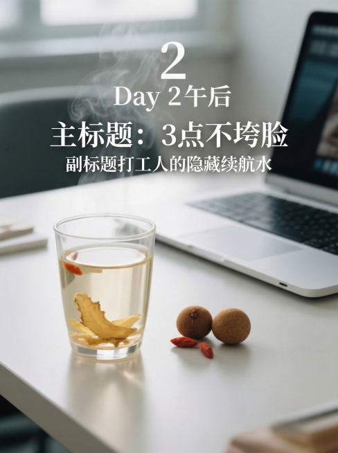 在杯子上方或空白处添加文字：“主标题：3点不垮脸     副标题打工人的隐藏续航水”。 风格清新专业。文字和画面自然融合，大师级画质和排版，所有食材在杯子里，杯子冒热气预览效果