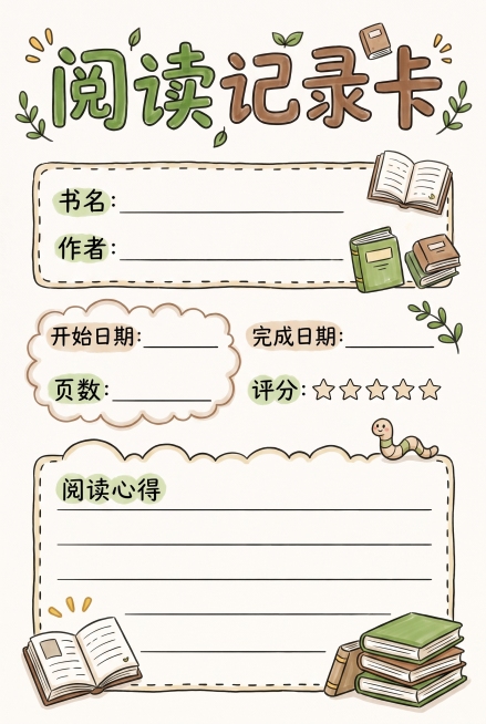 第一张全新设计阅读记录卡，马克笔风格简笔画，参考示例图片的手绘风格，制作一张可填写阅读信息的记录卡，整体风格清新可爱，尺寸A4（210*297mm）预览效果