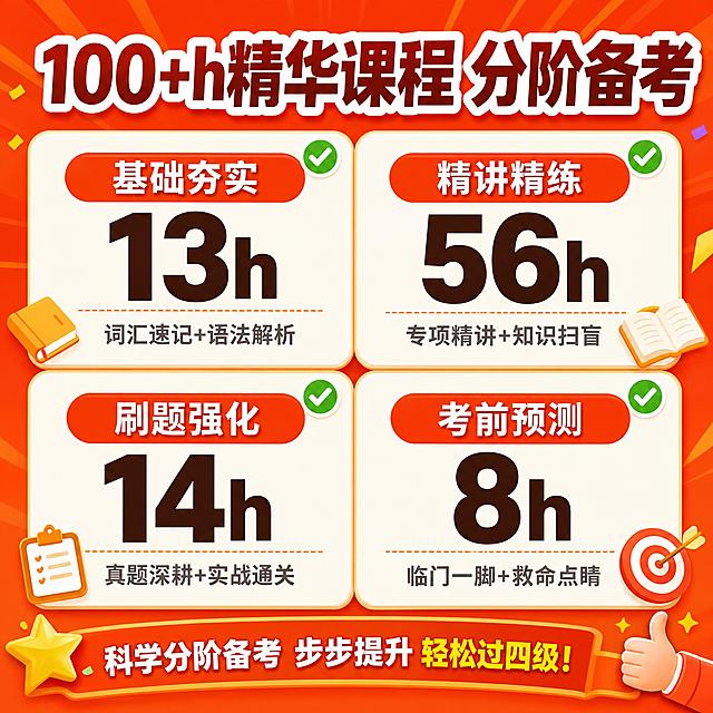 [主图-2] 课程亮点与内容结构图，展示四级秋季班分阶备考的4大模块，拼多多风格信息图，清晰直白。
[统一基调] 橙红色主背景，活泼有冲击力的拼多多电商风格；主标题用粗黑体大字，白色或深棕色配白色描边；强调色用明黄色和亮绿色；卡片用圆角白色底配橙色标签；整体视觉热闹、划算、有拼团氛围。
[画面] 画面顶部是主标题"100+h精华课程 分阶备考"，白色粗体大字；中间区域是2x2排列的4个白色圆角卡片，每个卡片代表一个学习阶段：左上卡片橙色标签写"基础夯实"，下方大字"13h"，小字"词汇速记+语法解析"；右上卡片橙色标签写"精讲精练"，下方大字"56h"，小字"专项精讲+知识扫盲"；左下卡片橙色标签写"刷题强化"，下方大字"14h"，小字"真题深耕+实战通关"；右下卡片橙色标签写"考前预测"，下方大字"8h"，小字"临门一脚+救命点睛"；4个卡片大小一致，间距均匀，每个卡片的课时数字最大最醒目；卡片下方有一条橙色装饰带。
[光影质感] 卡片有轻微阴影和层次感，整体画面明亮干净，信息清晰易读。
[配色] 主背景浅米色/浅橙色，卡片白底，标签橙红色，课时数字深棕色/黑色，说明文字灰色，主标题白色。
[文字版式] 每个卡片内标签文字最小，课时数字最大，说明文字中等；主标题字号最大；所有文字横排，粗黑体；数字用大号突出显示。
[输出要求] 比例1:1，文字清晰锐利，信息层次分明；负向：变形、错字、模糊、杂乱、水印、平台Logo、文字歪斜。