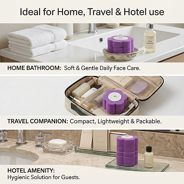 垫图https://gdesign-dam-hz.dancf.com/35918854203622570/30fda62593144e90bf82138db94fc989.jpg 产品外观必须和原图保持100%一致，不能改变产品形状、颜色和结构。这是第九张详情页，多场景适用展示。主题"Ideal for Home, Travel & Hotel use"。画面分切片展示三个不同使用场景：家庭卫浴、旅行收纳、酒店卫生间，每个场景都放置产品展示。主标题大字号顶部居中，每个场景配简短英文说明。全部英文文案，场景区分清晰，整体风格干净统一，自然真实光影。切片设计分区展示，不切割产品主体。