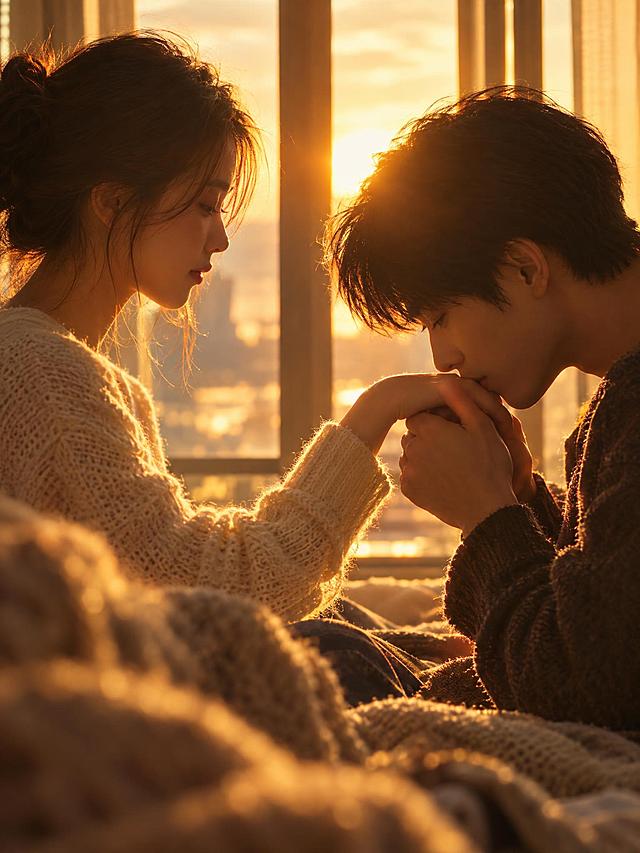 竖版3:4电影感写实静帧，室内窗边的金色夕阳逆光。一对二十多岁的东亚年轻恋人隔着近距离相对而坐，女生在画面左侧，长发微微盘起，穿米白色针织上衣；男生在画面右侧，微低头，温柔地捧起并轻吻女生的手背。两人以柔和侧面剪影呈现，脸部轮廓可辨但不直视镜头；窗框和金色窗光在背景中形成纵向层次，前景有轻柔虚化的毛毯和衣料纹理。蜂蜜色、温暖、安静、私密的浪漫气氛，自然逆光摄影。画面中不要任何文字、不要标题、不要字幕、不要Logo、不要水印。超高清2K画质，细节丰富。