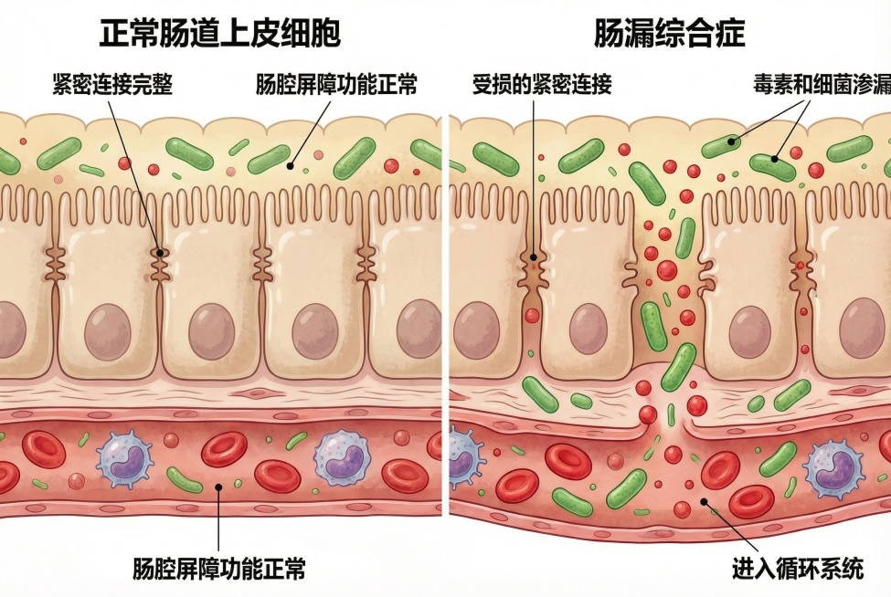 左右对比示意图：左侧为正常肠道上皮细胞，紧密连接完整无渗漏；右侧为肠漏综合症，紧密连接受损，毒素细菌渗漏进入循环系统。科学标注对比，保持一致的医学水彩插画风格，结构清晰直观预览效果