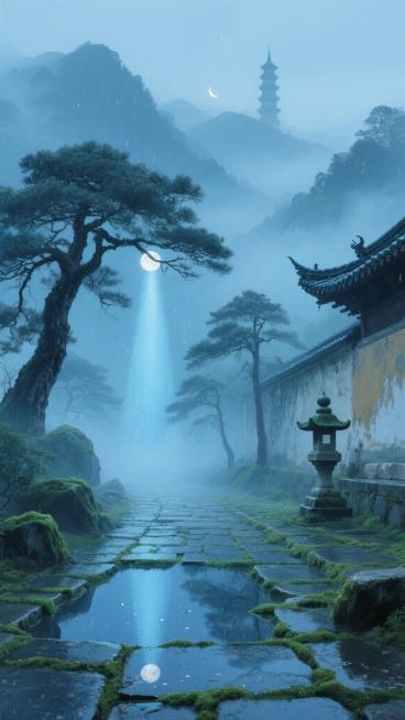 竖幅构图，水墨晕染技法绘制的中式深山古寺晨雾场景，画面以靛青与石绿为主色调，冷冽的月光从千年古松的虬枝间洒落，形成银蓝色的光柱穿透薄雾，前景是青石板铺就的湿润山路，水洼中倒映着寺檐飞角与半隐的弦月，石板缝隙间生长着苔藓，中景是几株苍劲的古松与斑驳的寺墙，右侧有一座半露的石灯笼，背景是被雾气笼罩的层叠山峦，山巅隐约可见一座孤塔剪影，空气中漂浮着细小的水珠，色调是清冷的墨蓝与翡翠绿的交融，雾气呈现……预览效果