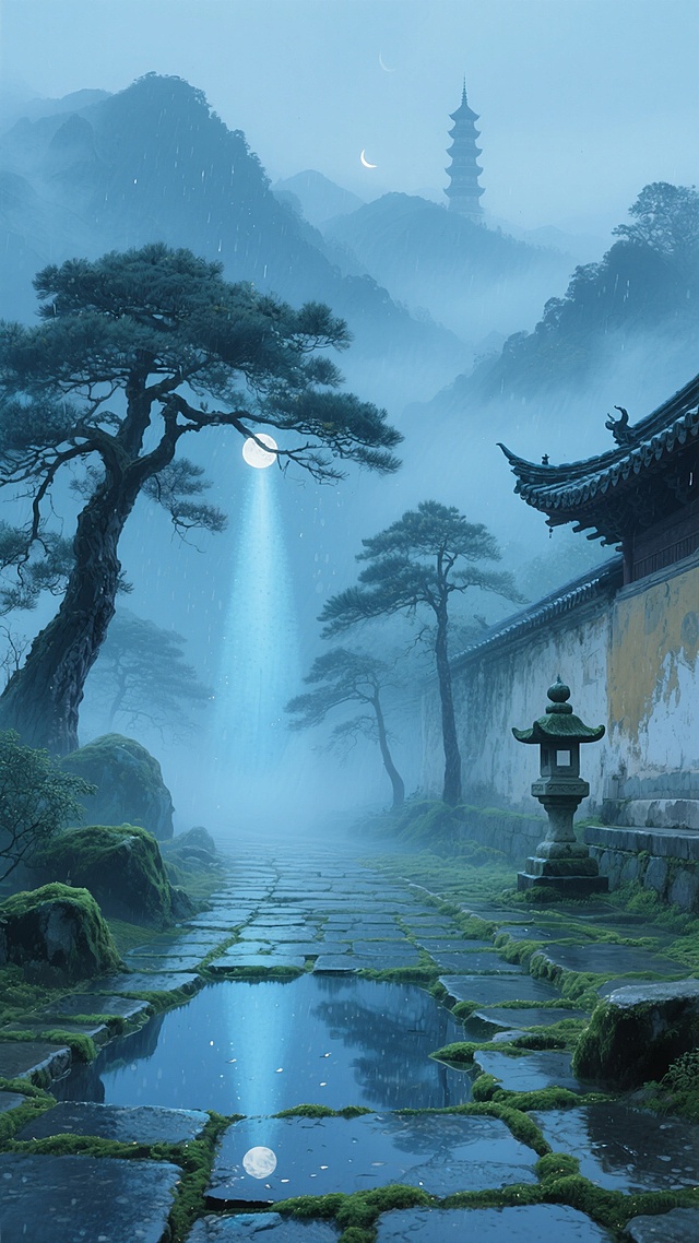 竖幅构图，水墨晕染技法绘制的中式深山古寺晨雾场景，画面以靛青与石绿为主色调，冷冽的月光从千年古松的虬枝间洒落，形成银蓝色的光柱穿透薄雾，前景是青石板铺就的湿润山路，水洼中倒映着寺檐飞角与半隐的弦月，石板缝隙间生长着苔藓，中景是几株苍劲的古松与斑驳的寺墙，右侧有一座半露的石灯笼，背景是被雾气笼罩的层叠山峦，山巅隐约可见一座孤塔剪影，空气中漂浮着细小的水珠，色调是清冷的墨蓝与翡翠绿的交融，雾气呈现出浓淡不一的水墨层次感。