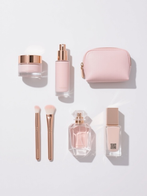 六个不同美妆产品规整排布的集合，包括带玫瑰金瓶盖的透明玻璃面霜瓶、玫瑰金按压泵头的水乳套装、六边形切割的透明玻璃香水瓶、带有金属装饰的粉色化妆包、玫瑰金手柄的化妆刷套装和方形透明玻璃瓶身的精华液，所有产品均采用简约现代设计，透明玻璃材质搭配玫瑰金金属元素，浅粉色液体内容物，统一的高光泽表面处理，柔和的顶部光源形成细腻高光和清晰阴影，纯色白色背景，专业商业产品摄影风格，清晰锐利的细节，突出产品质……预览效果