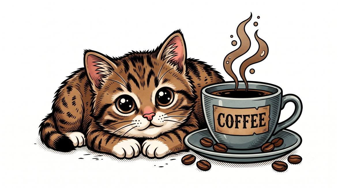 美式复古插画风格，纯白色背景，一只棕虎斑小奶猫圆溜溜的大眼睛软萌表情，趴在地面上脑袋靠在白色小爪子上，旁边放着一只灰蓝色咖啡杯配同色碟子，杯身棕色矩形标签上写着黑色大写字母 "COFFEE"，杯中黑咖预览效果