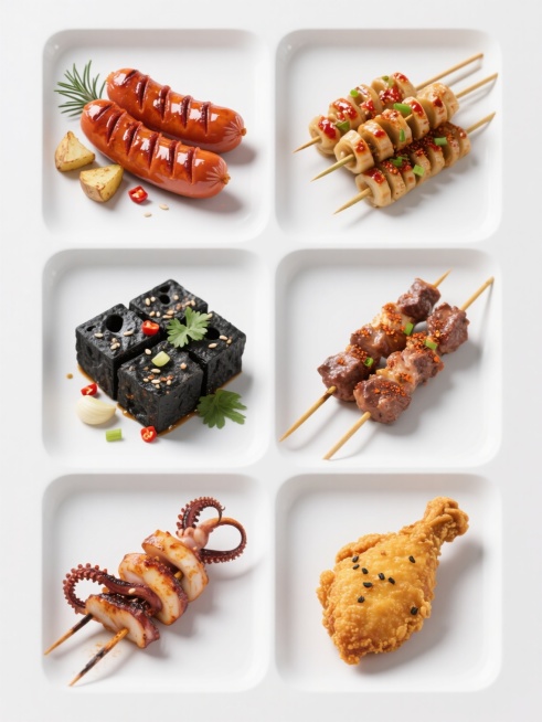 六宫格规整排布的街头小吃素材，保持超写实3D渲染风格，每个格子中分别是：1. 表面有交叉刀痕、油光锃亮、带有焦香微焦纹理的烤肠，旁点缀迷迭香和烤土豆块；2. 缠绕紧实、刷有红油酱料、撒有芝麻和葱花的烤面筋；3. 黑色方块状、表面多孔、淋有蒜水和辣椒的臭豆腐，点缀香菜；4. 串在竹签上、肉质饱满、色泽棕红、撒有孜然粉的铁板鱿鱼；5. 肥瘦相间、炭火烤制、肉汁欲滴、撒有辣椒粉的烤肉串；6. 金黄酥……预览效果
