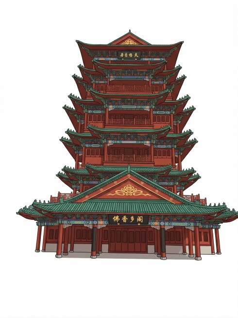 将图中的古建筑改成卡通插画风格，保留建筑整体结构，仅保留楼主体，去除台阶、地面、栏杆、树木等其他多余元素预览效果