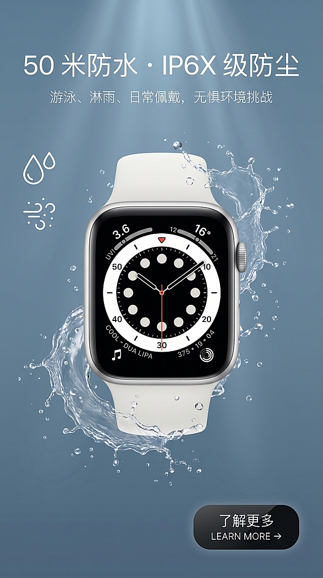 基于上传的Apple Watch产品图生成9:16竖版电商海报，杂志级精致排版，极简科技风，高级感。严格还原产品：银色铝金属表壳 + 白色运动型表带，41mm款，产品尺寸比例保持1:1，完全还原产品外观、颜色、表盘细节、LOGO、材质质感等所有细节。将产品置于清澈的水下场景中，模拟游泳环境，水花细腻真实，不遮挡产品。画面上方放置大号极简无衬线白色主标题"50 米防水・IP6X 级防尘"，主标题下方放置小号细体白色副标题"游泳、淋雨、日常佩戴，无惧环境挑战"。画面左侧用水滴、防尘图标辅助呈现卖点。右下角放置CTA按钮，按钮内中英文上下排列文字"了解更多\nLEARN MORE →"，白色字体配半透明黑底圆角矩形。背景为纯净水下蓝灰渐变，光影突出防水质感，高清8K分辨率，风格统一高级，无割裂感。负面提示词：模糊、低分辨率、产品被遮挡、水花杂乱、色彩失真、产品变形、多余元素、字体不统一、排版粗糙、割裂感、水印、污渍、反光过度、背景杂乱